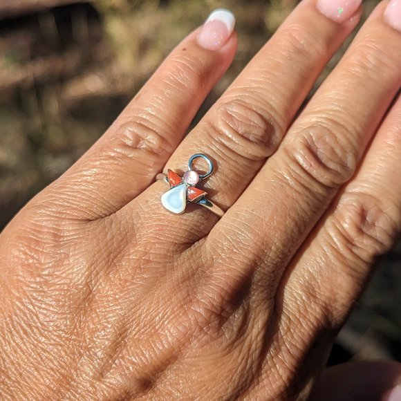 Zuni Mother of Pearl Coral Inlay Ring Mini Angel Native Am Jewlery Sz‎ 6.5*** - Picture 3 of 8